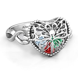 Caged Hearts Ring with 2-6 Stones in 925 Sterling Silver with Garnet, Emerald, Aquamarine, Citrine, Smokey Quartz, and Pink Tourmaline