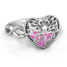 Caged Hearts Ring with 2-6 Stones in 925 Sterling Silver with Pink Tourmaline, Citrine, and Smokey Quartz