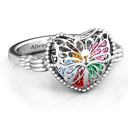 Caged Hearts Ring with 2-6 Stones in 925 Sterling Silver with Garnet, Emerald, Aquamarine, Citrine, Smokey Quartz, and Pink Tourmaline