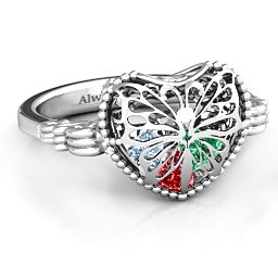 Caged Hearts Ring with 2-6 Stones in 925 Sterling Silver with Garnet, Emerald, Aquamarine, Citrine, Smokey Quartz, and Pink Tourmaline