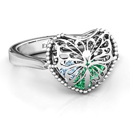 Caged Hearts Ring with 2-6 Stones in 925 Sterling Silver with Emerald, Aquamarine, Citrine, Smokey Quartz, and Pink Tourmaline