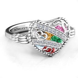 Caged Hearts Ring with 2-6 Stones in 925 Sterling Silver with Garnet, Emerald, Aquamarine, Citrine, Smokey Quartz, and Pink Tourmaline