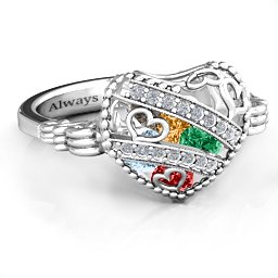Caged Hearts Ring with 2-6 Stones in 925 Sterling Silver with Garnet, Emerald, Aquamarine, Citrine, Smokey Quartz, and Pink Tourmaline