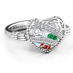 Caged Hearts Ring with 2-6 Stones in 925 Sterling Silver with Garnet, Emerald, Aquamarine, Citrine, Smokey Quartz, and Pink Tourmaline