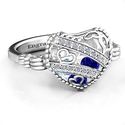 Caged Hearts Ring with 2-6 Stones in 925 Sterling Silver with Blue Sapphire, Aquamarine, Citrine, Smokey Quartz, and Pink Tourmaline