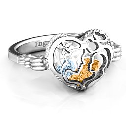 Caged Hearts Ring with 2-6 Stones in 925 Sterling Silver with Citrine, Aquamarine, Smokey Quartz, and Pink Tourmaline