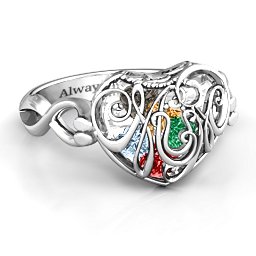 Caged Hearts Ring with 2-6 Stones in 925 Sterling Silver with Garnet, Emerald, Aquamarine, Citrine, Smokey Quartz, and Pink Tourmaline