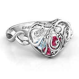 Caged Hearts Ring with 2-6 Stones in 925 Sterling Silver with Ruby, Aquamarine, Citrine, Smokey Quartz, and Pink Tourmaline