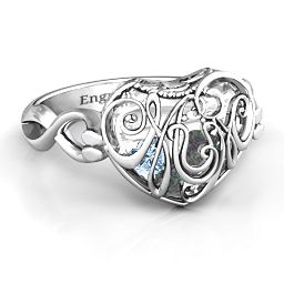 Caged Hearts Ring with 2-6 Stones in 925 Sterling Silver with Alexandrite, Aquamarine, Citrine, Smokey Quartz, and Pink Tourmaline