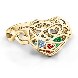 Caged Hearts Ring with 2-6 Stones in 10K Solid Yellow Gold with Garnet, Emerald, Aquamarine, Citrine, Smokey Quartz, and Pink Tourmaline