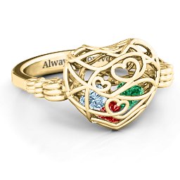 Caged Hearts Ring with 2-6 Stones in 10K Solid Yellow Gold with Garnet, Emerald, Aquamarine, Citrine, Smokey Quartz, and Pink Tourmaline