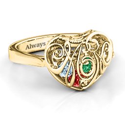 Caged Hearts Ring with 2-6 Stones in 10K Solid Yellow Gold with Garnet, Emerald, Aquamarine, Citrine, Smokey Quartz, and Pink Tourmaline