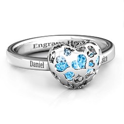 Petite Caged Hearts Ring with 1-3 Stones in 925 Sterling Silver with Blue Topaz, Aquamarine, Citrine, Smokey Quartz, and Pink Tourmaline