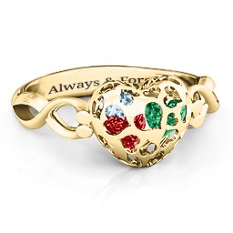 Petite Caged Hearts Ring with 1-3 Stones in 10K Solid Yellow Gold with Garnet, Emerald, Aquamarine, Citrine, Smokey Quartz, and Pink Tourmaline