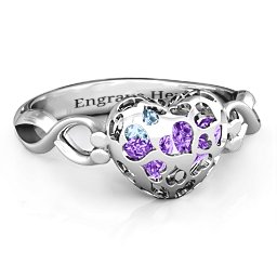 Petite Caged Hearts Ring with 1-3 Stones in 925 Sterling Silver with Amethyst, Aquamarine, Citrine, Smokey Quartz, and Pink Tourmaline