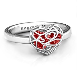 Petite Caged Hearts Ring with 1-3 Stones in 925 Sterling Silver with Garnet, Citrine, Smokey Quartz, and Pink Tourmaline