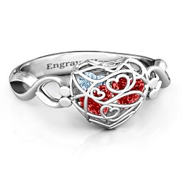 Petite Caged Hearts Ring with 1-3 Stones in 925 Sterling Silver with Garnet, Aquamarine, Citrine, Smokey Quartz, and Pink Tourmaline
