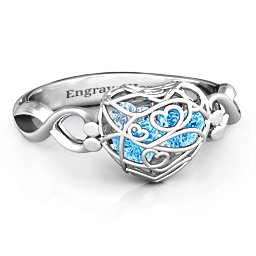 Petite Caged Hearts Ring with 1-3 Stones in 925 Sterling Silver with Blue Topaz, Aquamarine, Citrine, Smokey Quartz, and Pink Tourmaline