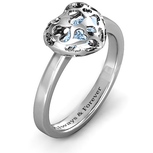 Heart Cut-out Petite Caged Hearts Ring with Classic Band – Sterling Silver with Aquamarine
