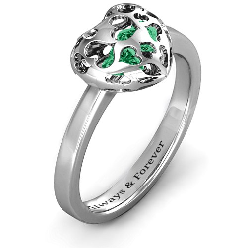 Heart Cut-out Petite Caged Hearts Ring with Classic Band – Sterling Silver with Emerald