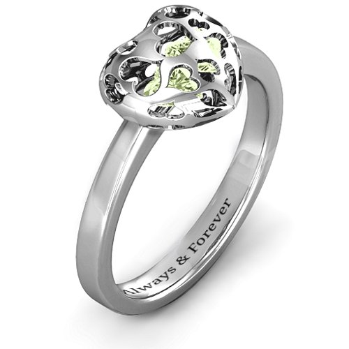 Heart Cut-out Petite Caged Hearts Ring with Classic Band – Sterling Silver with Peridot