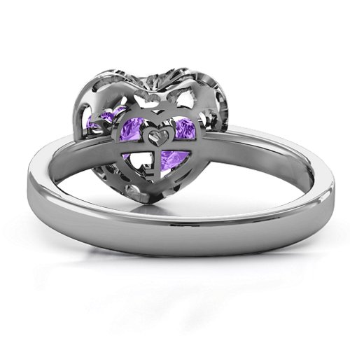Heart Cut-out Petite Caged Hearts Ring with Classic Band – Sterling Silver with Amethyst