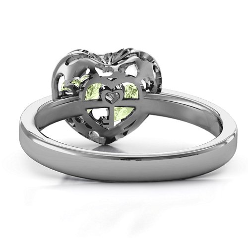 Heart Cut-out Petite Caged Hearts Ring with Classic Band – Sterling Silver with Peridot