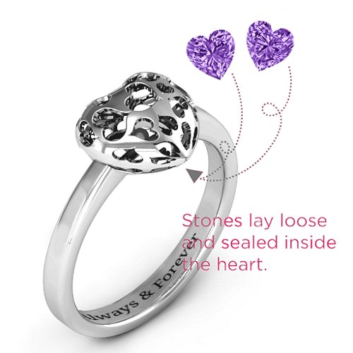 Heart Cut-out Petite Caged Hearts Ring with Classic Band – Sterling Silver with Amethyst