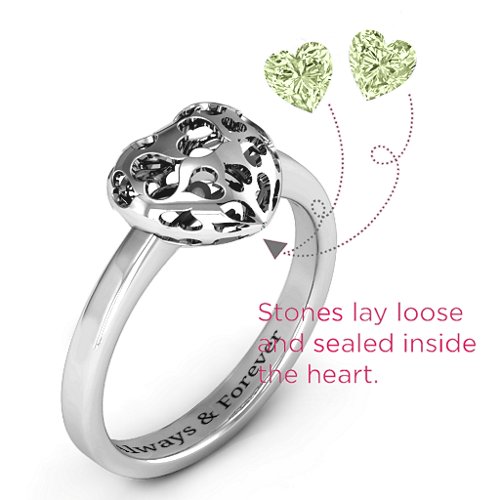 Heart Cut-out Petite Caged Hearts Ring with Classic Band – Sterling Silver with Peridot