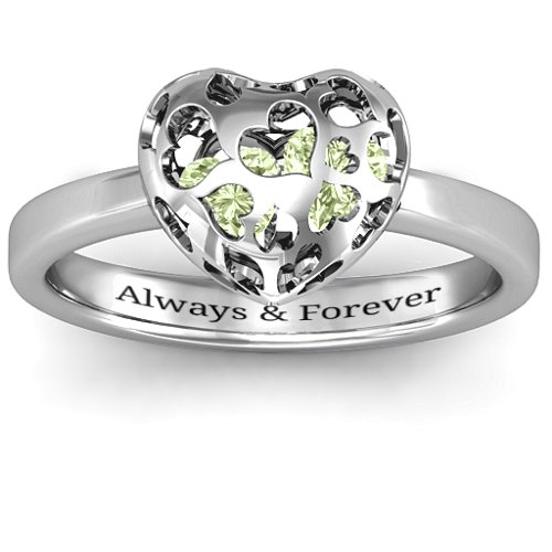 Heart Cut-out Petite Caged Hearts Ring with Classic Band – Sterling Silver with Peridot