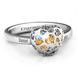 Petite Caged Hearts Ring with 1-3 Stones in 925 Sterling Silver with Citrine, Aquamarine, Smokey Quartz, and Pink Tourmaline