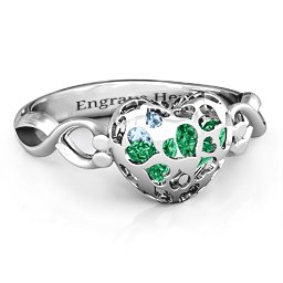 Petite Caged Hearts Ring with 1-3 Stones in 925 Sterling Silver with Emerald, Aquamarine, Citrine, Smokey Quartz, and Pink Tourmaline