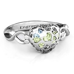 Petite Caged Hearts Ring with 1-3 Stones in 925 Sterling Silver with Peridot, Aquamarine, Citrine, Smokey Quartz, and Pink Tourmaline