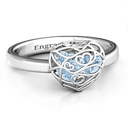 Petite Caged Hearts Ring with 1-3 Stones in 925 Sterling Silver with Aquamarine, Citrine, Smokey Quartz, and Pink Tourmaline