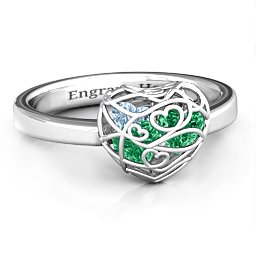 Petite Caged Hearts Ring with 1-3 Stones in 925 Sterling Silver with Emerald, Aquamarine, Citrine, Smokey Quartz, and Pink Tourmaline