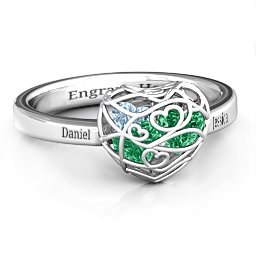 Petite Caged Hearts Ring with 1-3 Stones in 925 Sterling Silver with Emerald, Aquamarine, Citrine, Smokey Quartz, and Pink Tourmaline