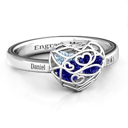 Petite Caged Hearts Ring with 1-3 Stones in 925 Sterling Silver with Blue Sapphire, Aquamarine, Citrine, Smokey Quartz, and Pink Tourmaline