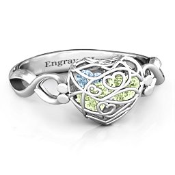 Petite Caged Hearts Ring with 1-3 Stones in 925 Sterling Silver with Peridot, Aquamarine, Citrine, Smokey Quartz, and Pink Tourmaline