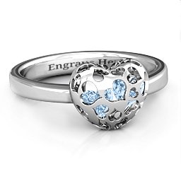 Petite Caged Hearts Ring with 1-3 Stones in 925 Sterling Silver with Aquamarine and Pink Tourmaline