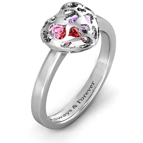 Heart Cut-out Petite Caged Hearts Ring with Classic Band – Sterling Silver with Garnet, Amethyst, and Pink Tourmaline