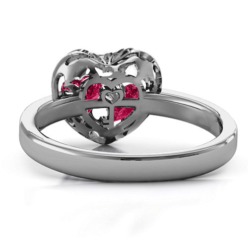 Heart Cut-out Petite Caged Hearts Ring with Classic Band – Sterling Silver with Ruby