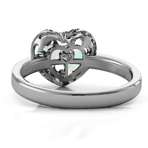 Heart Cut-out Petite Caged Hearts Ring with Classic Band – Sterling Silver with Opal