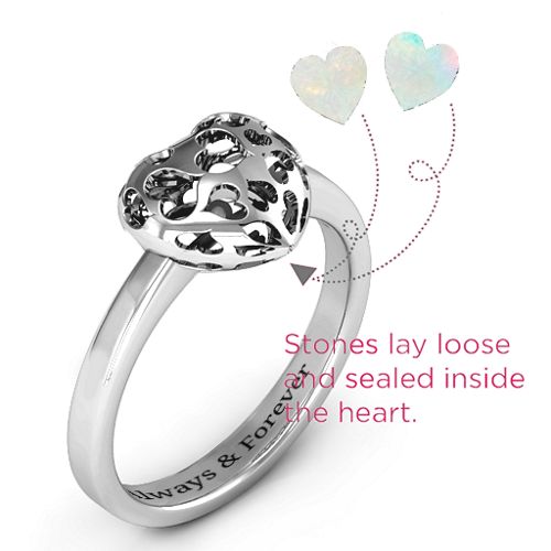 Heart Cut-out Petite Caged Hearts Ring with Classic Band – Sterling Silver with Opal