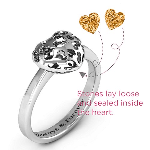 Heart Cut-out Petite Caged Hearts Ring with Classic Band – Sterling Silver with Citrine