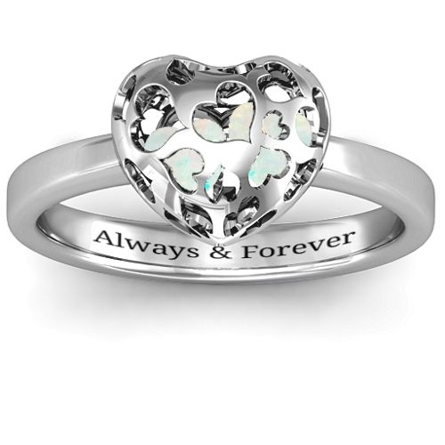 Heart Cut-out Petite Caged Hearts Ring with Classic Band – Sterling Silver with Opal