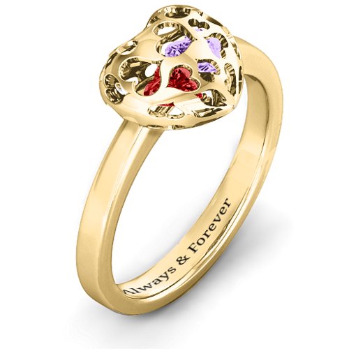 Heart Cut-out Petite Caged Hearts Ring with Classic Band – 10K Yellow Gold with Garnet and Amethyst