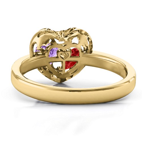 Heart Cut-out Petite Caged Hearts Ring with Classic Band – 10K Yellow Gold with Garnet and Amethyst