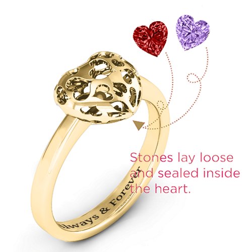 Heart Cut-out Petite Caged Hearts Ring with Classic Band – 10K Yellow Gold with Garnet and Amethyst