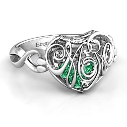 Caged Hearts Ring with 2-6 Stones in 925 Sterling Silver with Emerald
