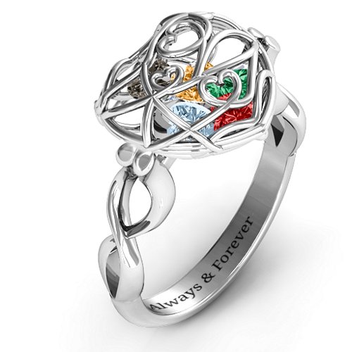 Encased in Love Caged Hearts Ring with Infinity Band – Sterling Silver with Garnet, Emerald, Aquamarine, Citrine, and Smokey Quartz
